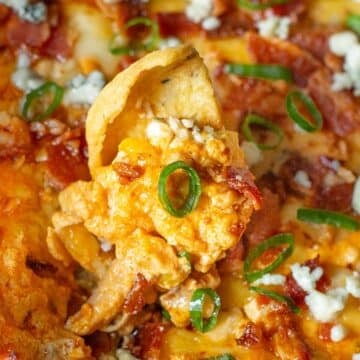 chip with big loaded scoop of buffalo chicken dip with Frank's hot sauce.