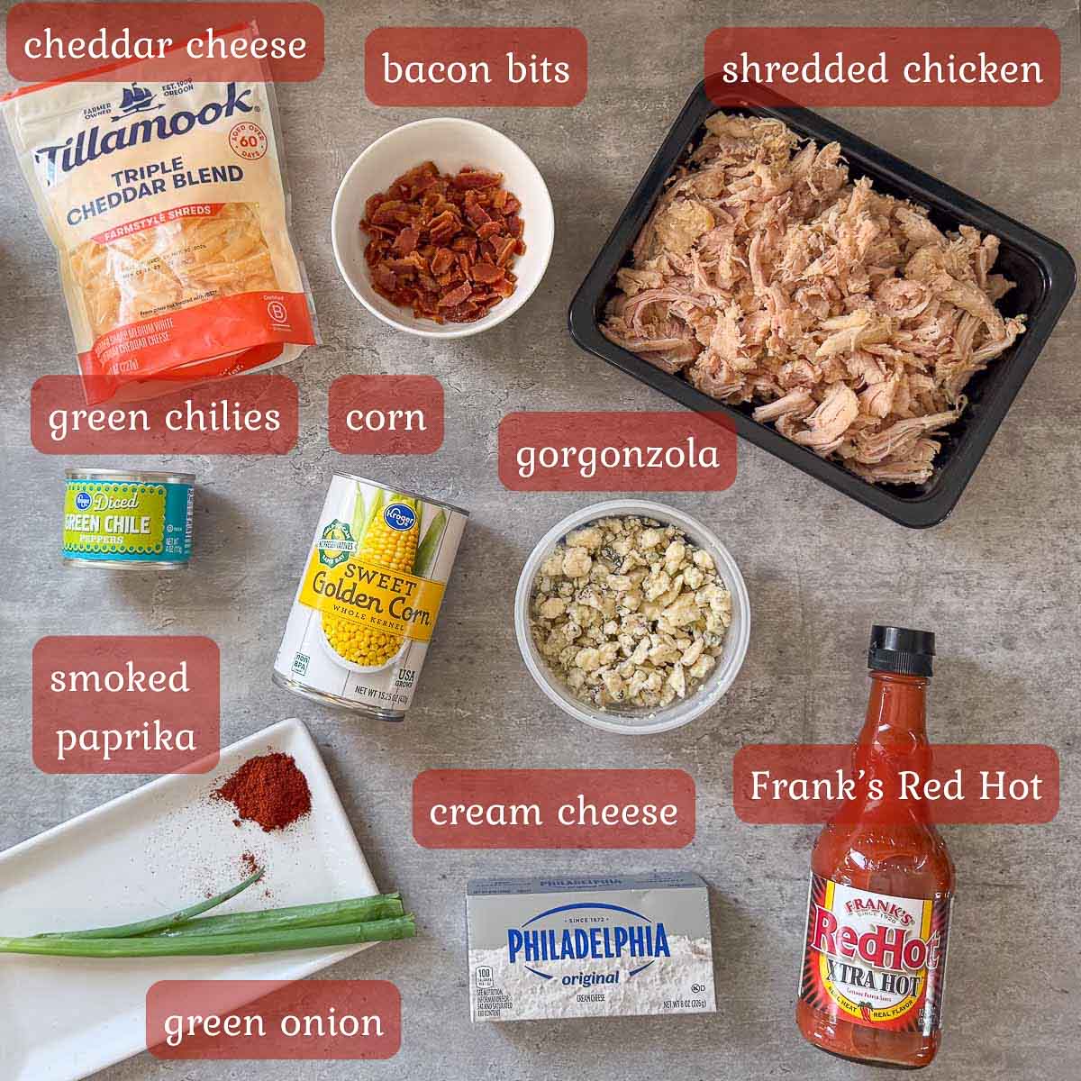 franks red buffalo chicken dip ingredients (chicken, cheese, corn, etc.)
