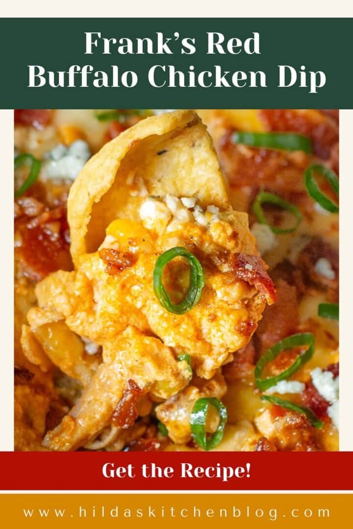 chip with big loaded scoop of buffalo chicken dip with Frank's hot sauce.