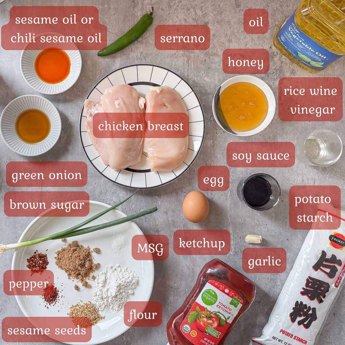 sticky sesame chicken ingredients (chicken, seasonings, oil, flour, etc).