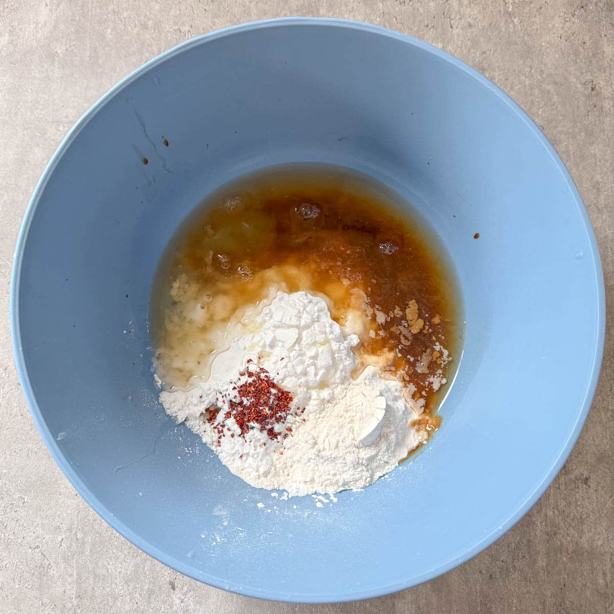 batter ingredients in bowl before mixing.