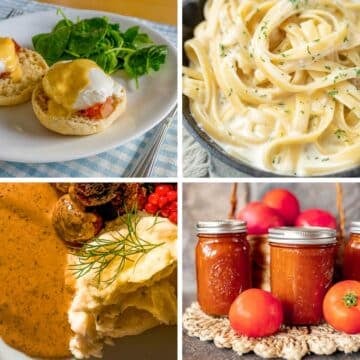 collage showing 4 of the 5 mother sauces (hollandaise, espagnole, veloute, and tomato sauce).