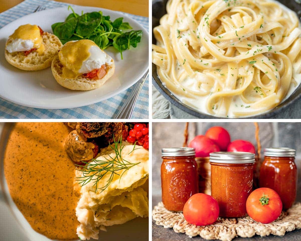 collage showing 4 of the 5 mother sauces (hollandaise, espagnole, veloute, and tomato sauce).