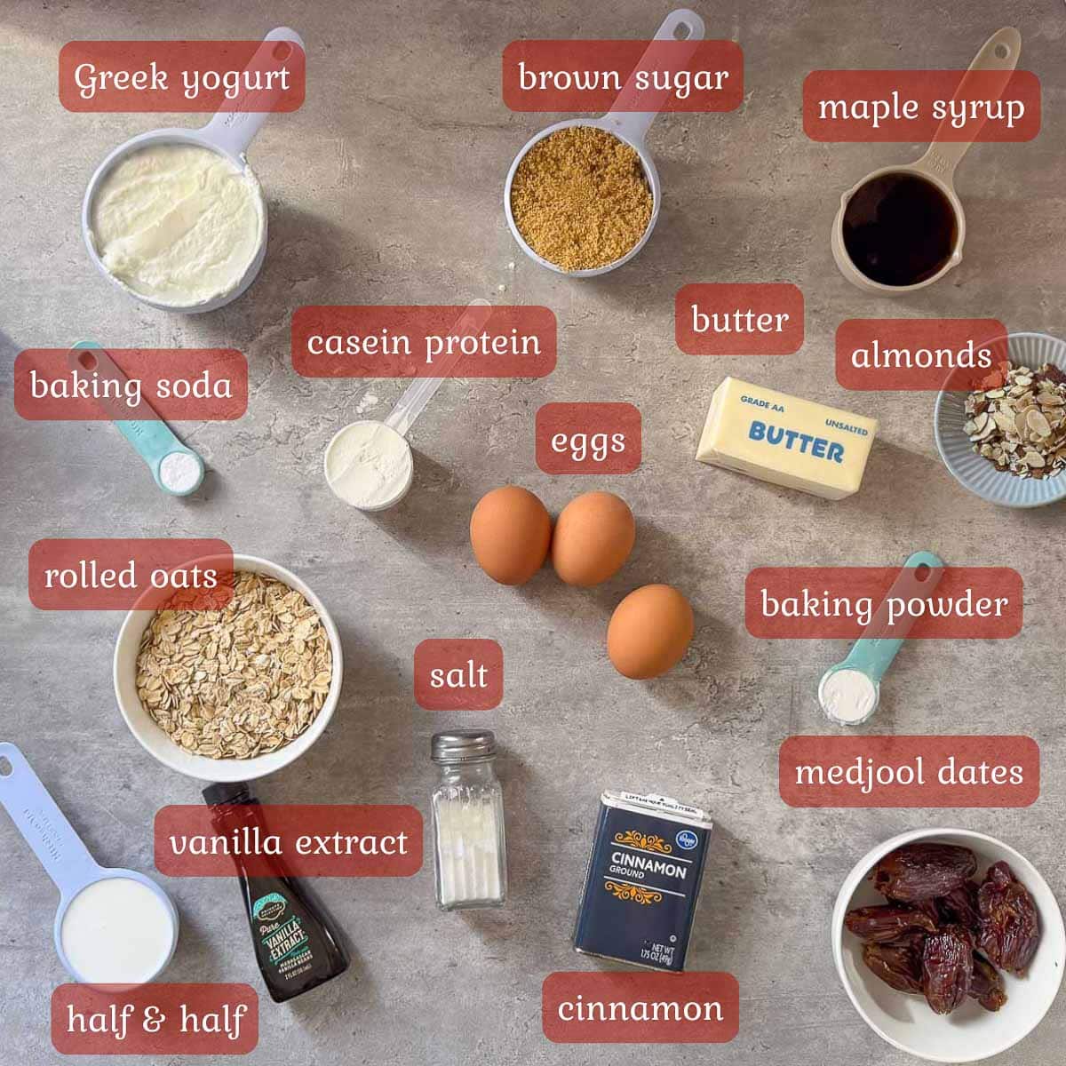 baked protein oats ingredients (dates, syrup, protein powder, etc.)
