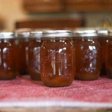 beef bone broth in jars on a red kitchen towel