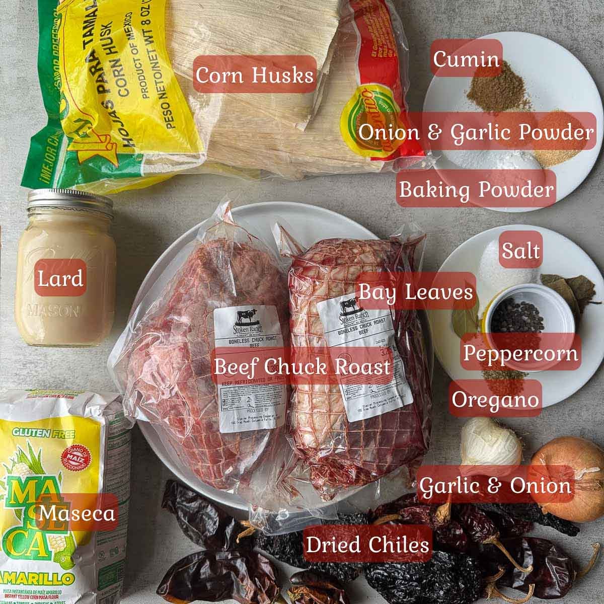 beef tamales ingredients including beef roast, spices, lard, masa, chiles, garlic and onion.