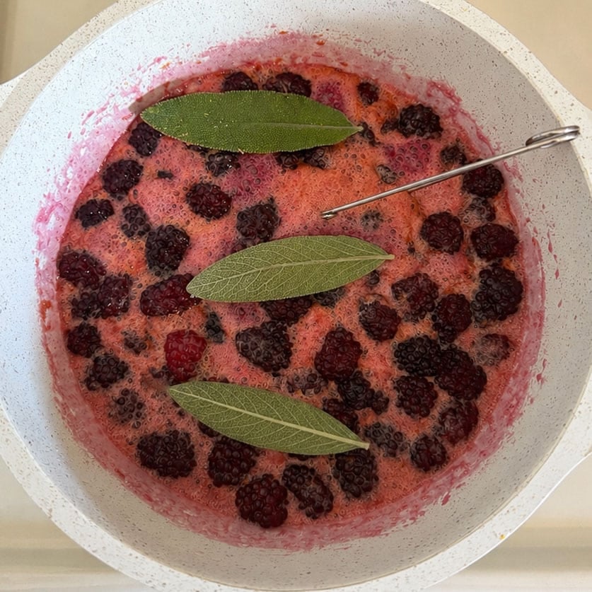 sage leaves in blackberry jam.