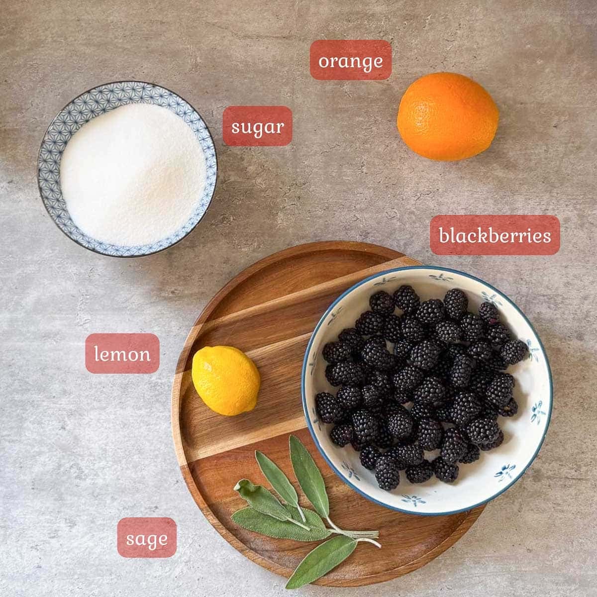 blackberry jam ingredients (sugar, fruit, sage).