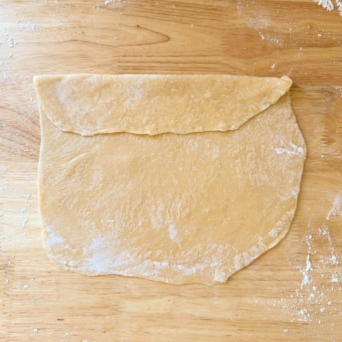 thinly rolled homemade egg noodle dough folded over once.