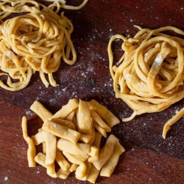 homemade egg noodles cut into three shapes: short & thick noodles, medium width noodles, and thin, delicate noodles.