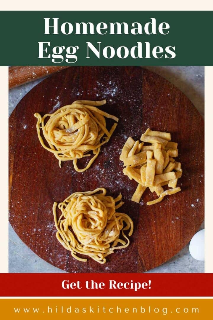 homemade egg noodles cut into three shapes: short & thick noodles, medium width noodles, and thin, delicate noodles.