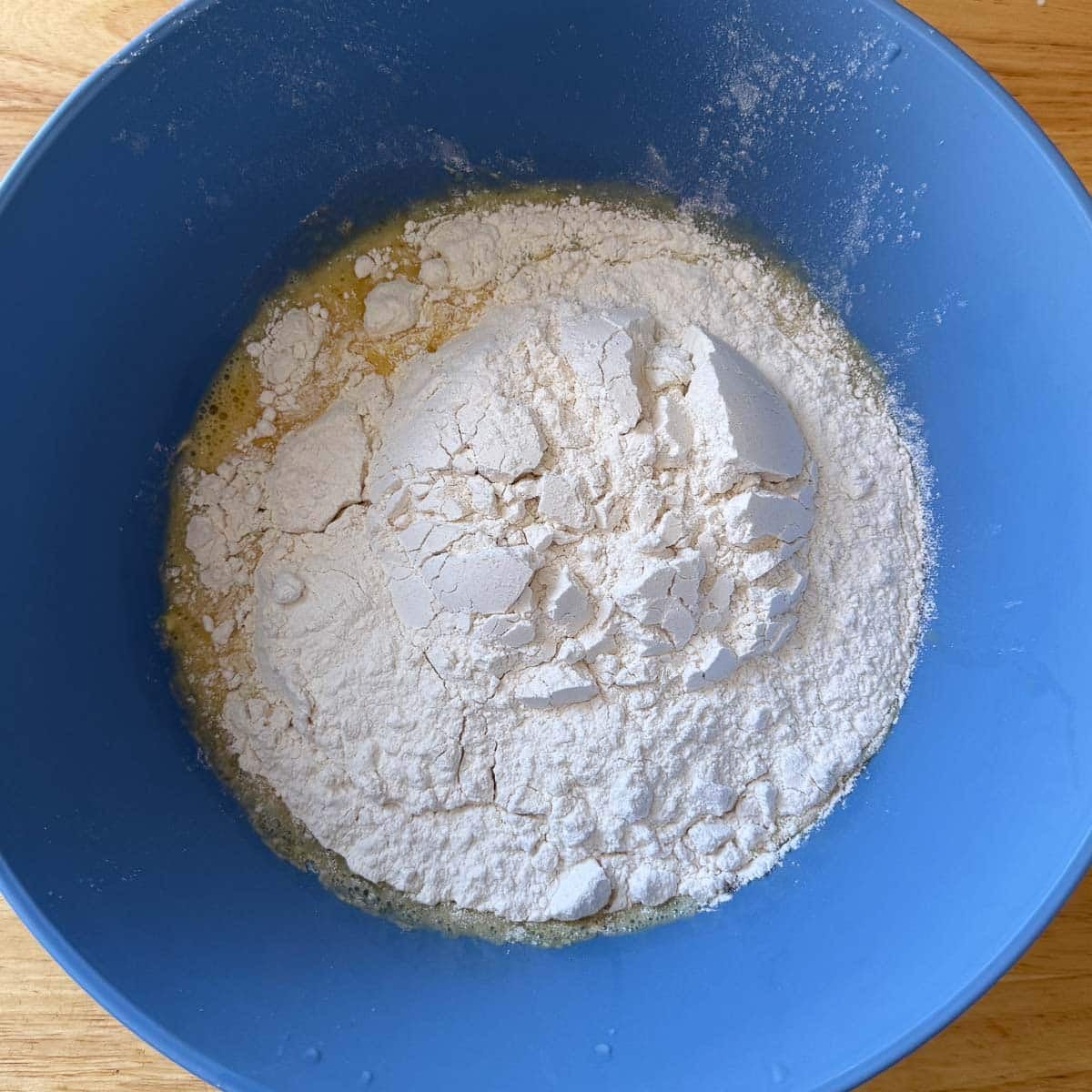 flour and salt added to egg mixture.