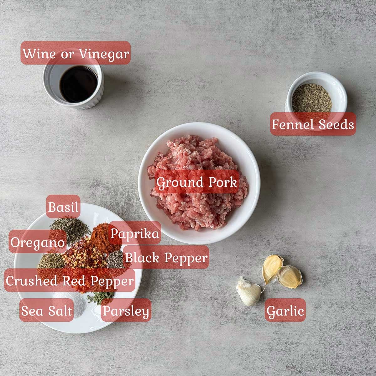Italian sausage recipe ingredients including sausage, garlic, and spices