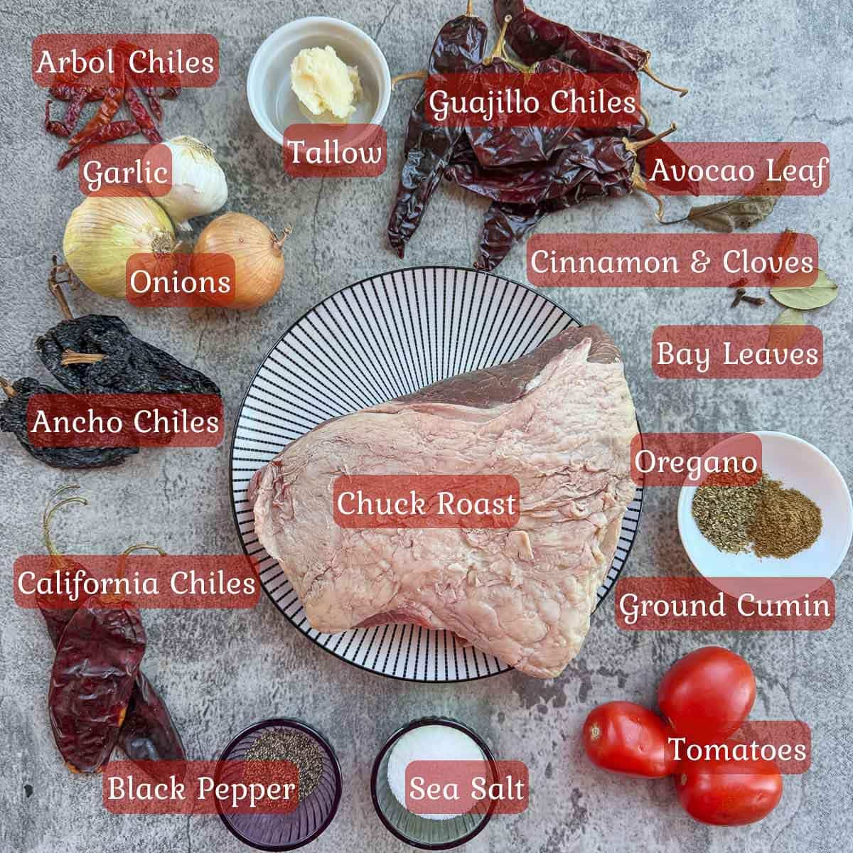 birria tacos ingredients including chuck roast, chiles, onions, garlic, and spices.