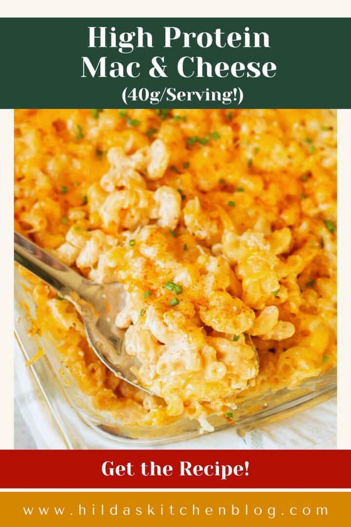 high protein mac and cheese topped with fresh chives.