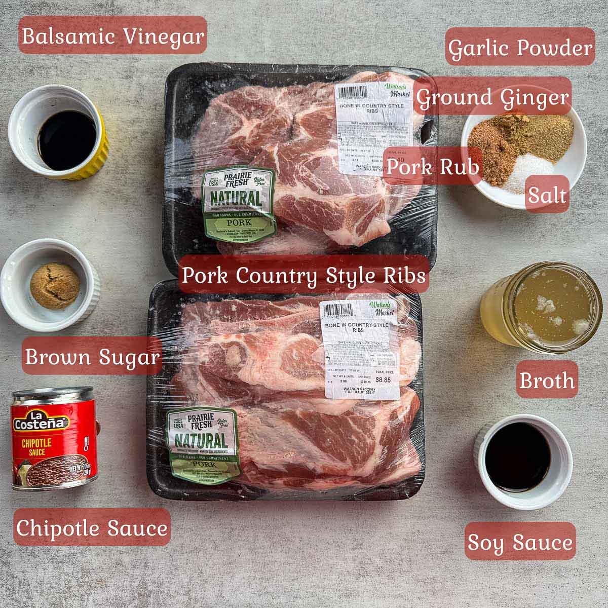 slow cooker country style pork ribs ingredients including pork ribs, spices and sauces.