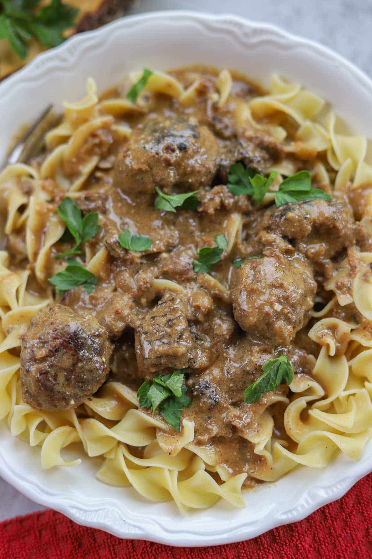 egg noodles smothered in swedish meatballs and gravy