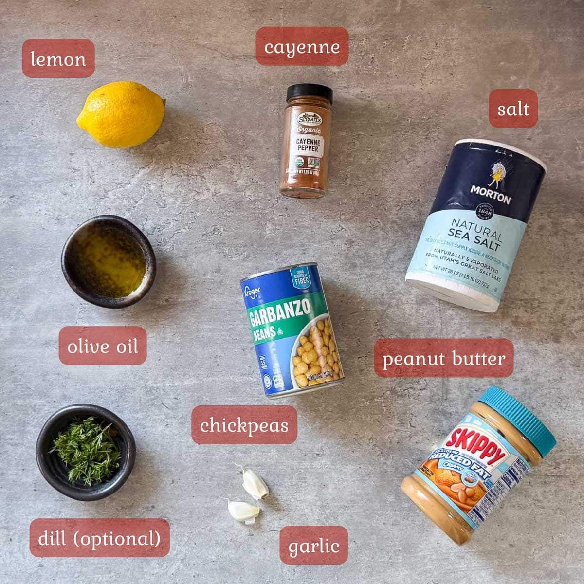 ingredients for this hummus without tahini recipe (chickpeas, peanut butter, lemon, etc.)