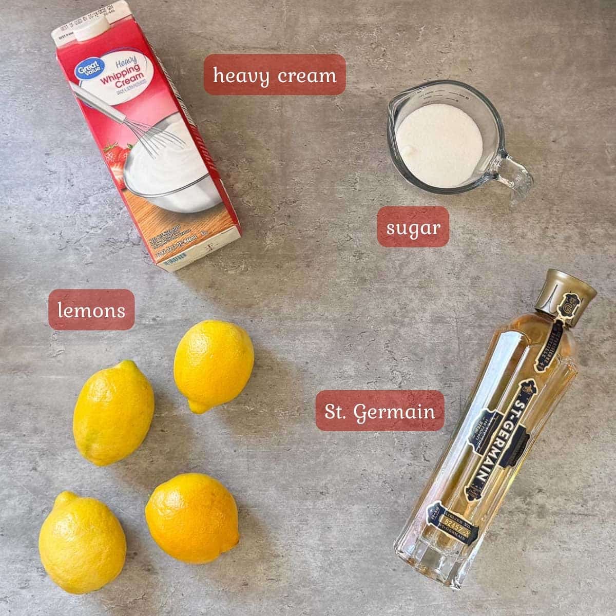 lemon posset ingredients (lemon, cream, sugar, st. germaine).