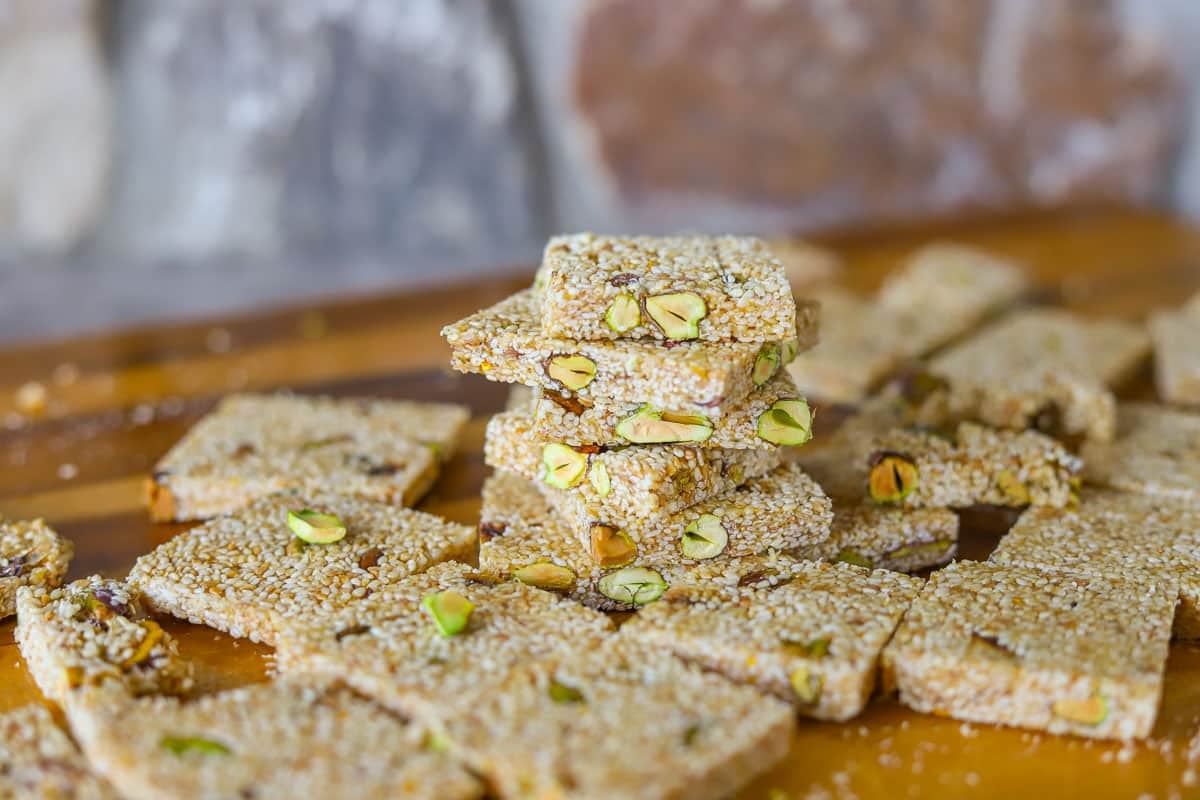 pasteli (sesame seed candy) stacked on one another