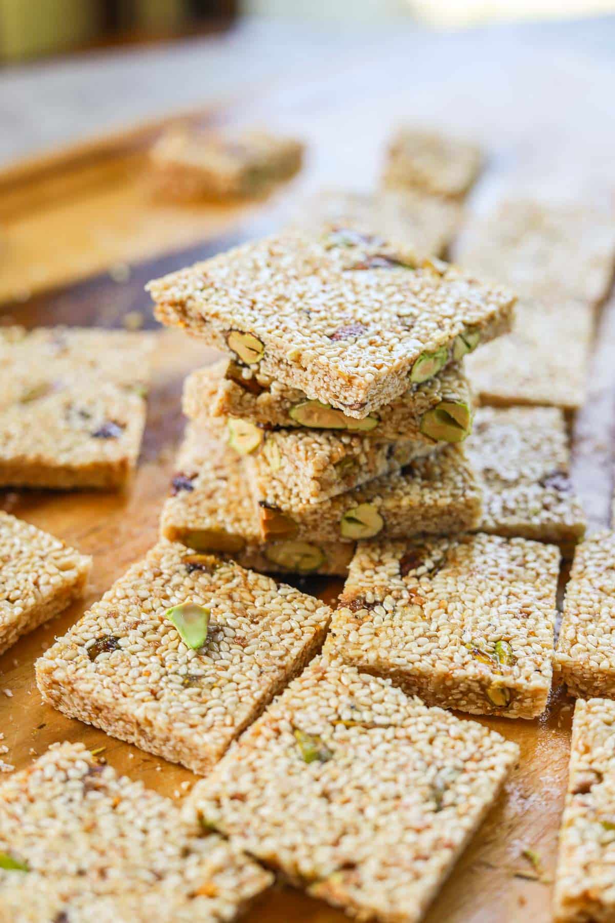 pasteli  (sesame seed candy) stacked on one another 