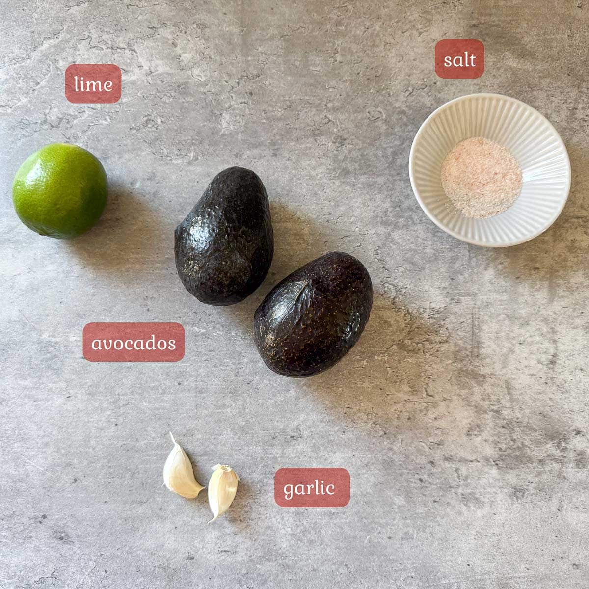 guacamole ingredients (avocado, lime, garlic, salt).