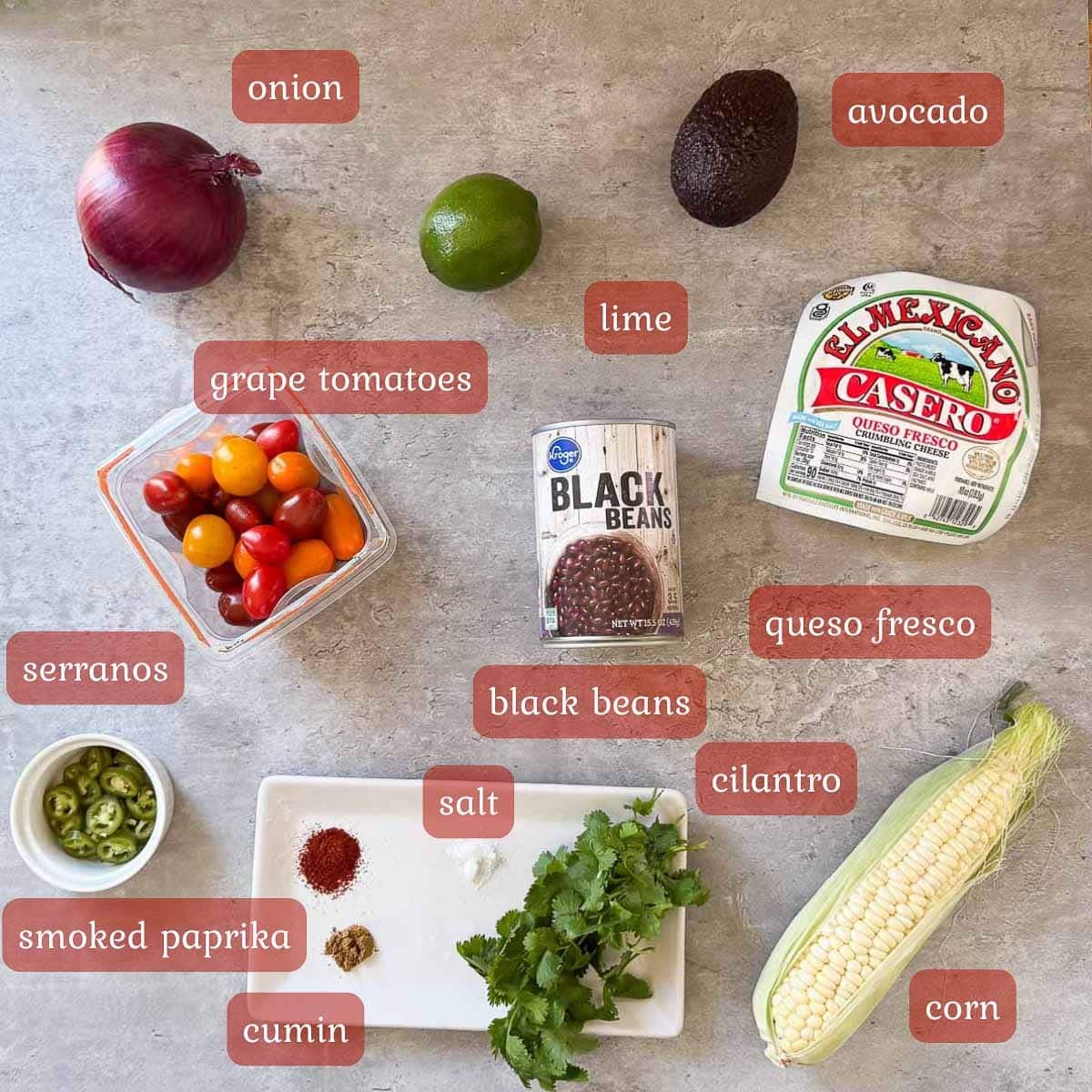 corn black bean salsa ingredients (veggies, cheese, seasonings, etc.)