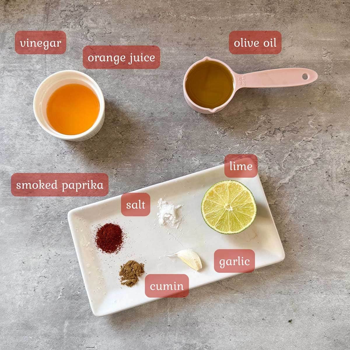 vinaigrette ingredients (oil, citrus, vinegar, seasonings).
