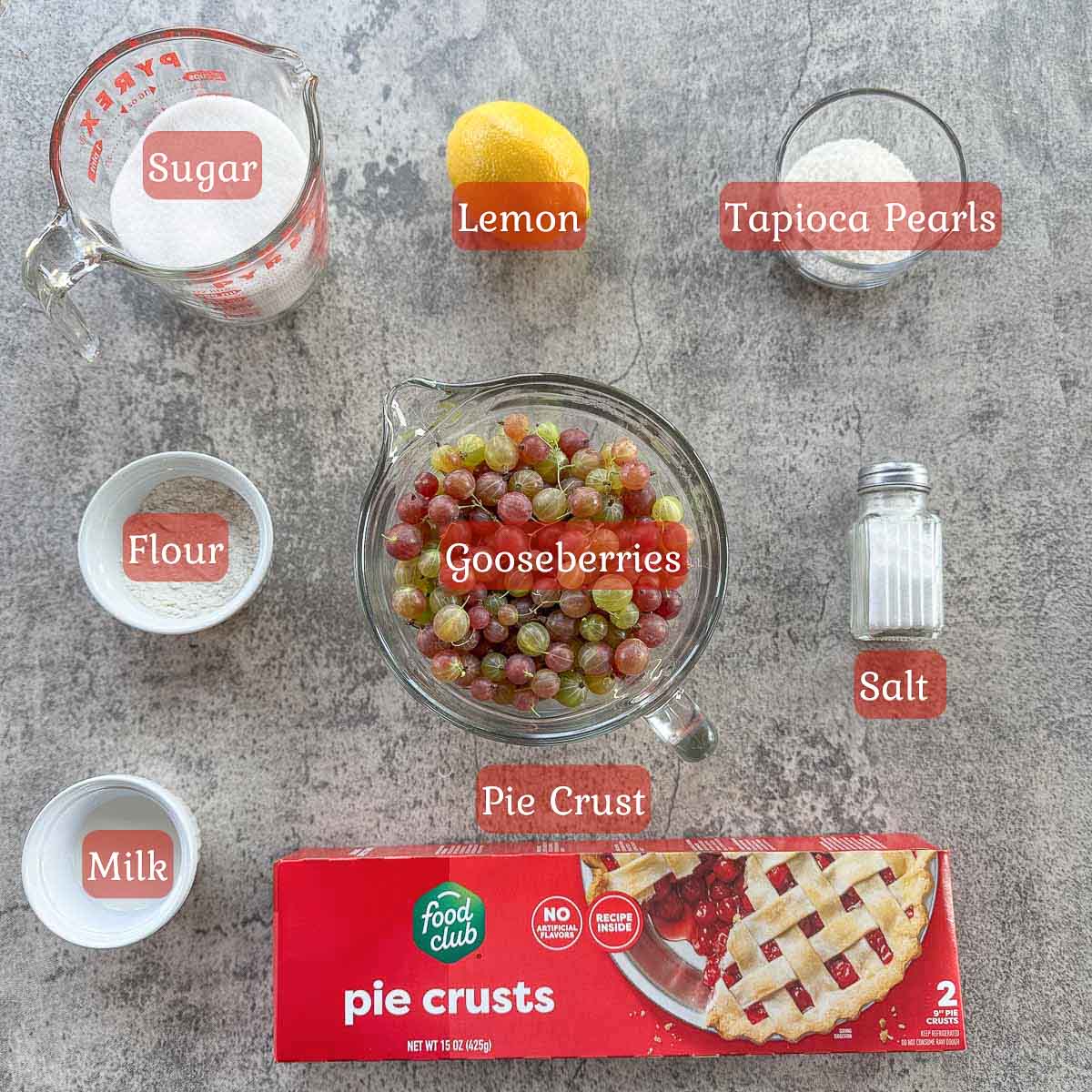 gooseberry pie ingredients including gooseberries, pie crust, sugar, flour, etc