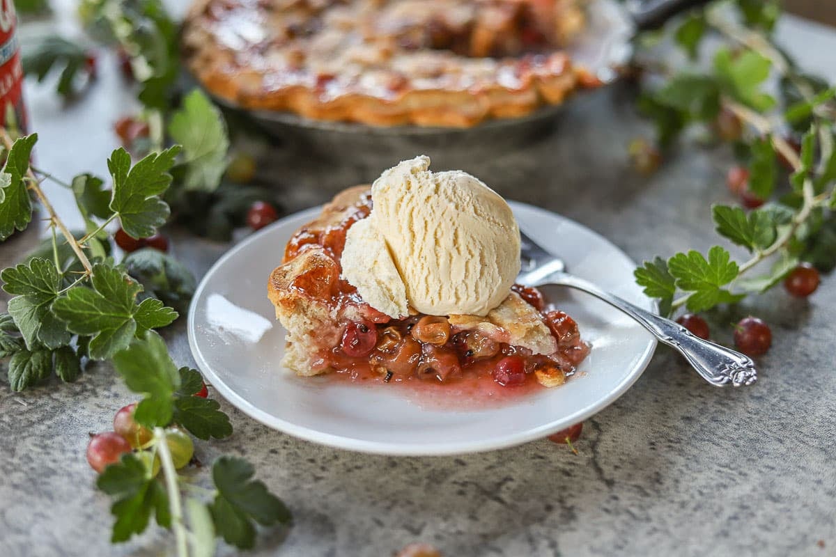 a slice of gooseberry pie with ice cream