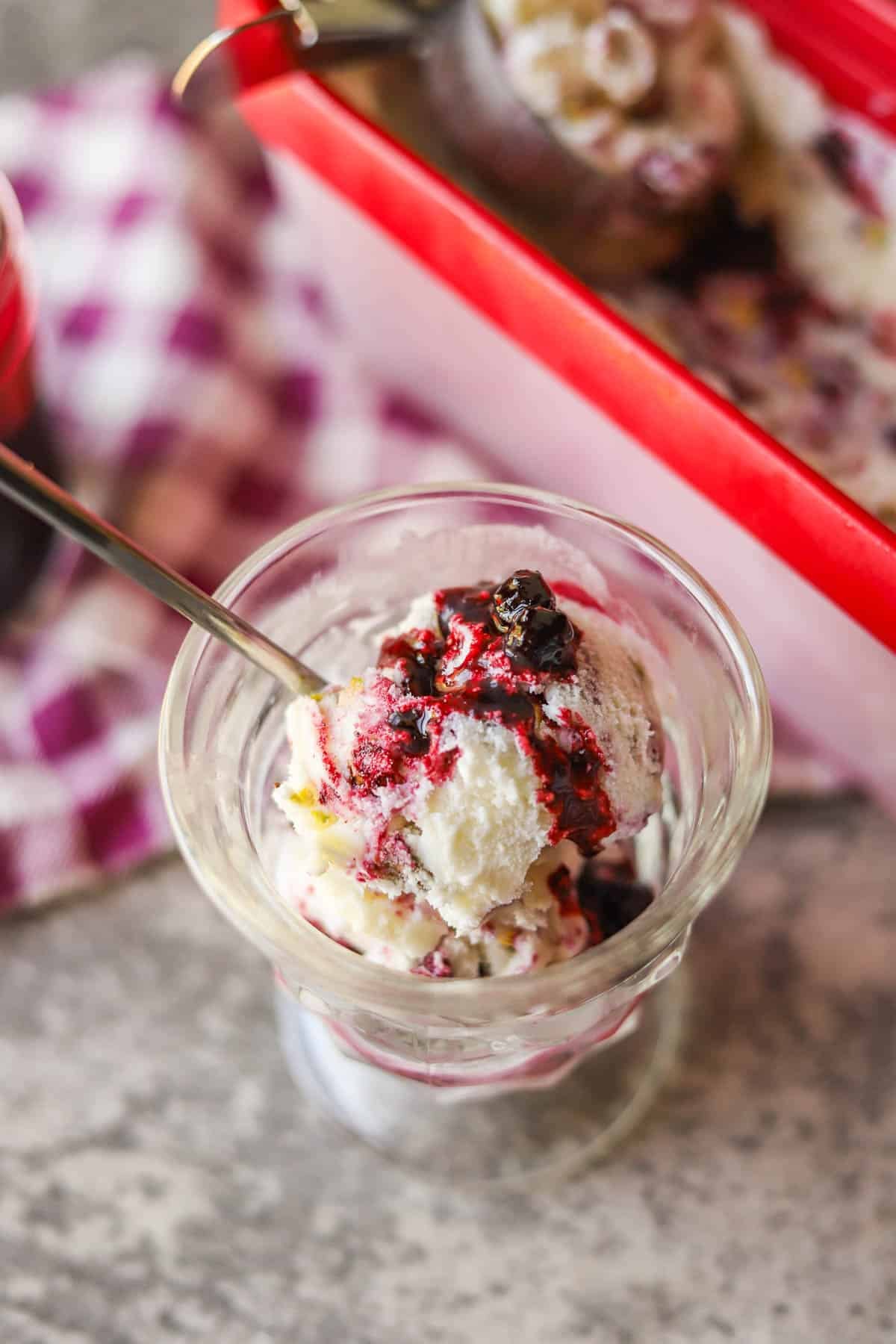 huckleberry ice cream with huckleberry sauce