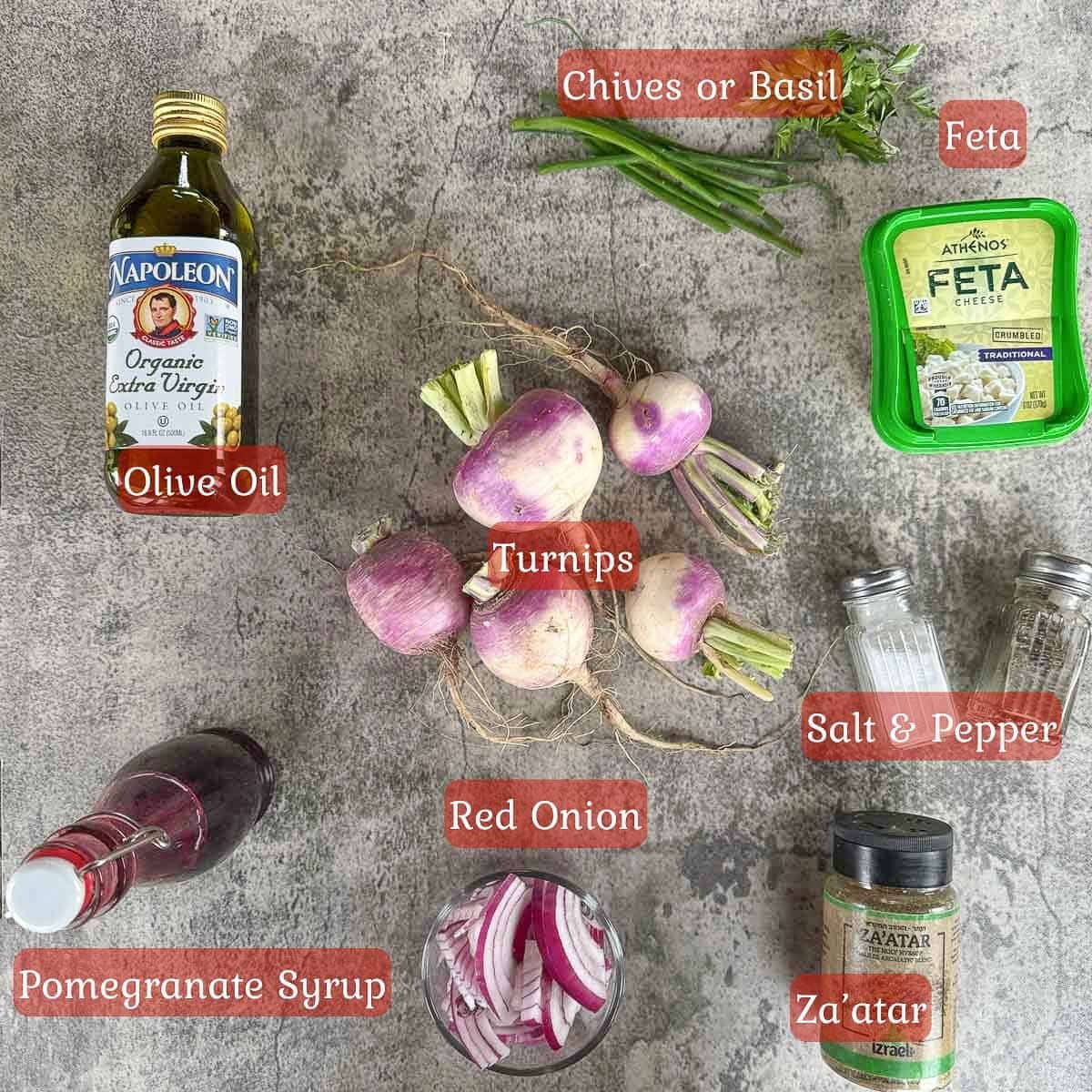 roasted turnips ingredients including turnips, feta, oil, herbs, etc.