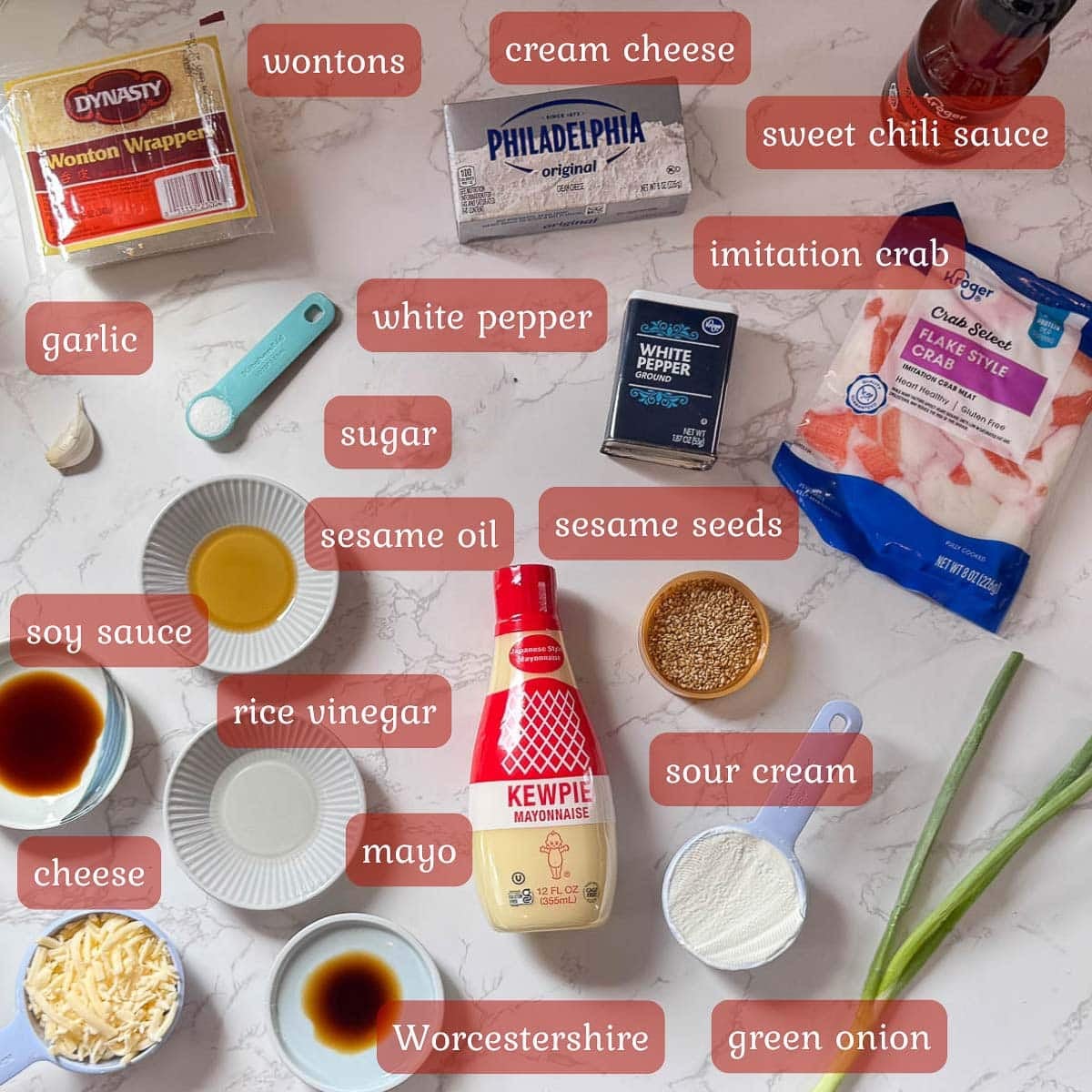 crab rangoon dip ingredients (cream cheese, seasonings, wontons, etc.)