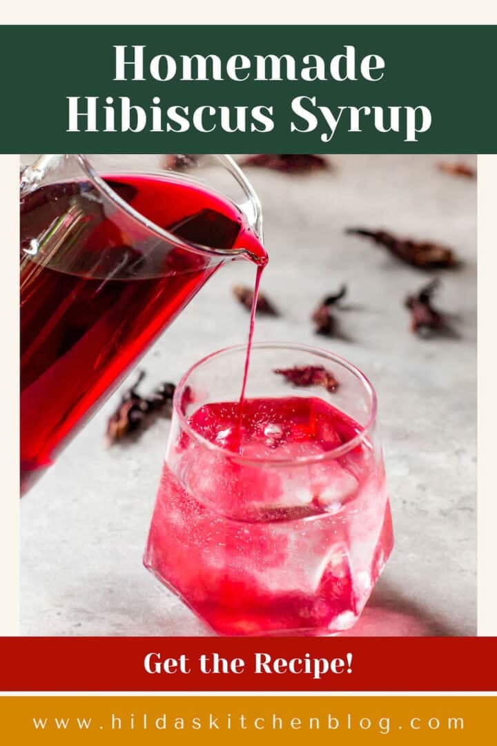 hibiscus simple syrup being poured into a carbonated drink.
