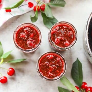 sour cherry chia seed jam in 3 jars