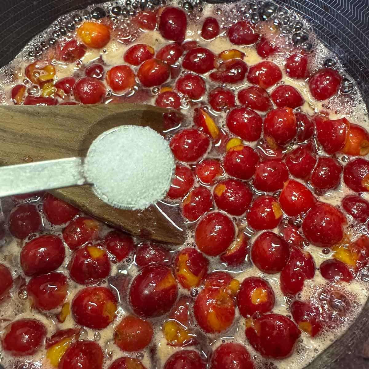 salt being added to sour cherry jam