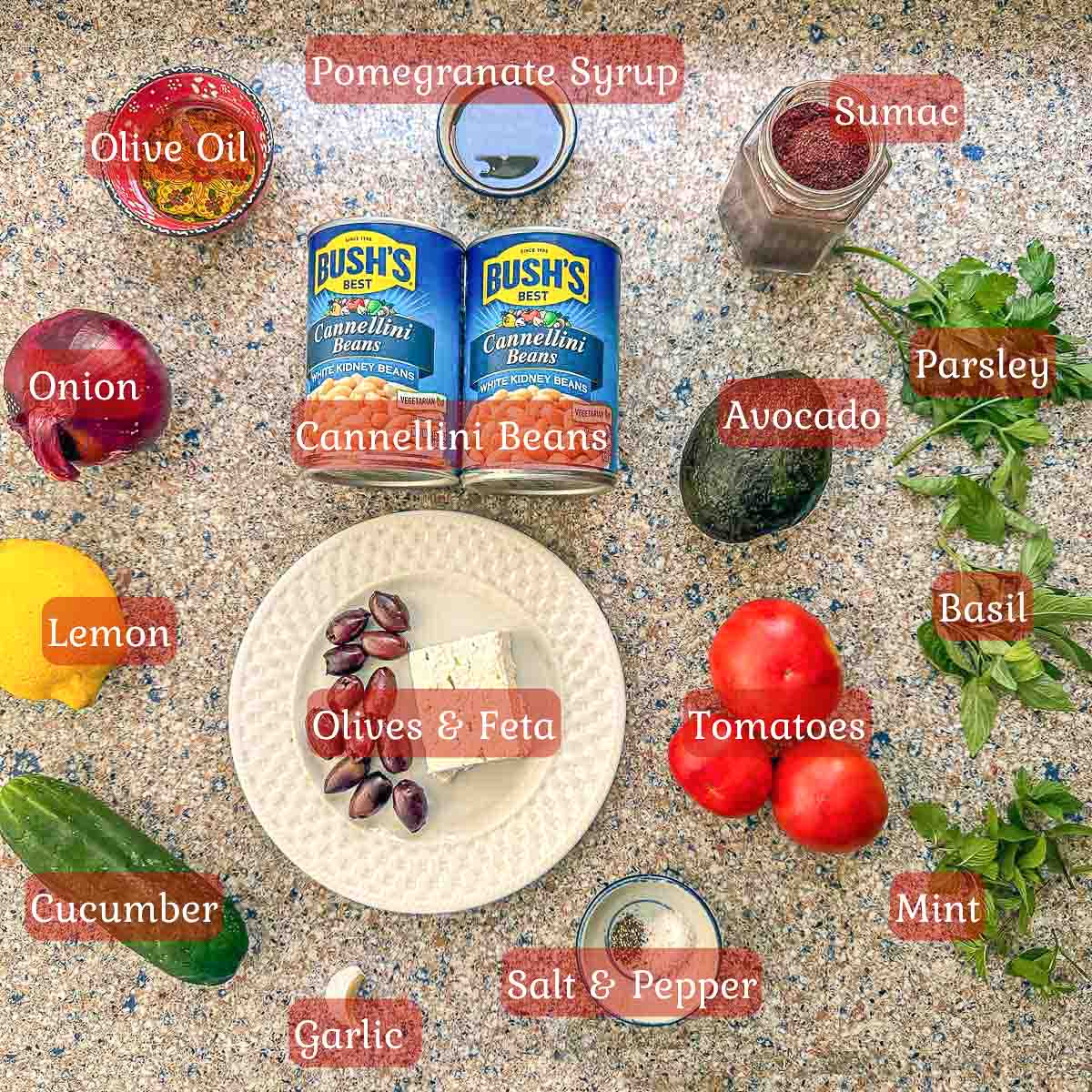 white bean salad ingredients including beans, tomatoes, onion, feta and spices