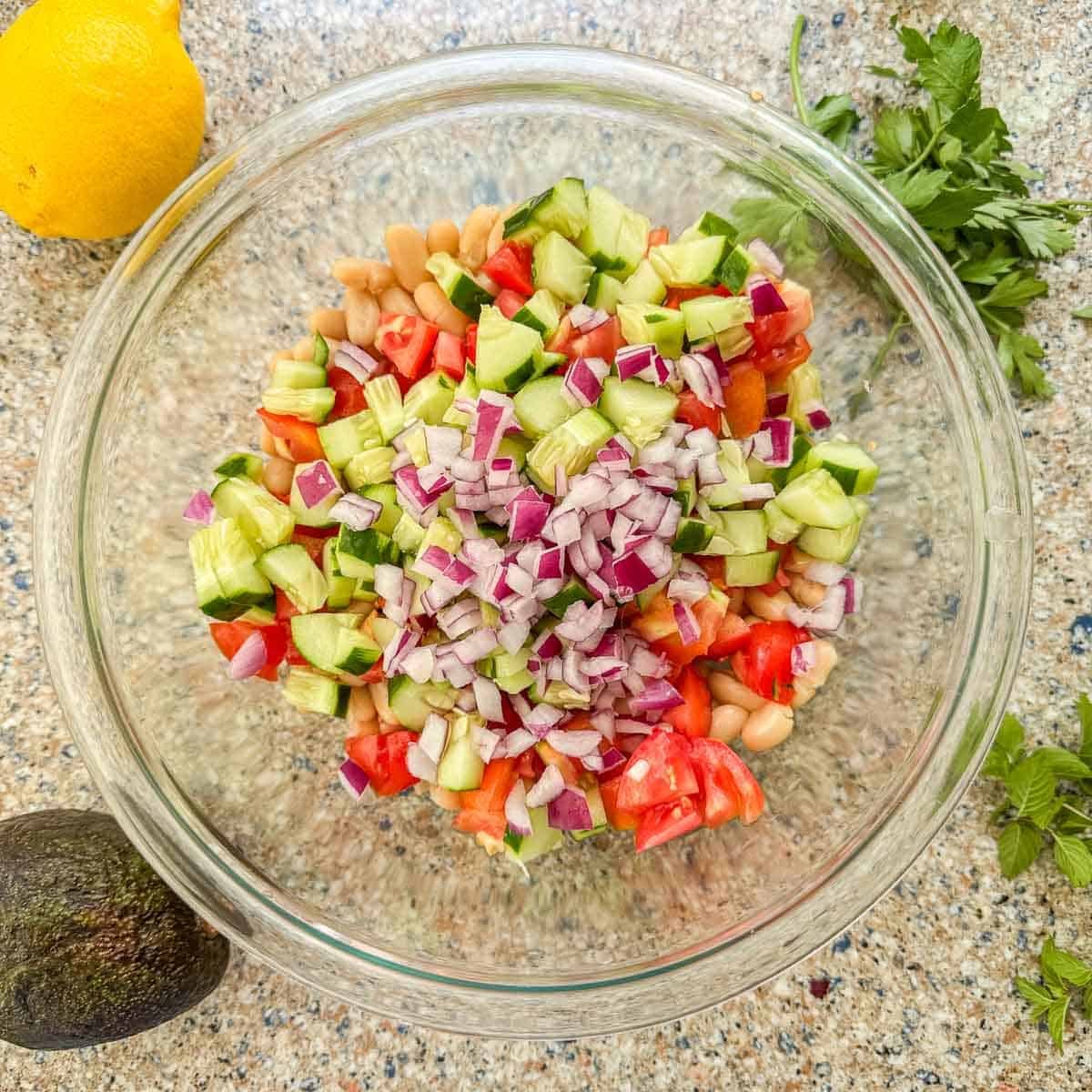 chopped veggies in a glass bowl