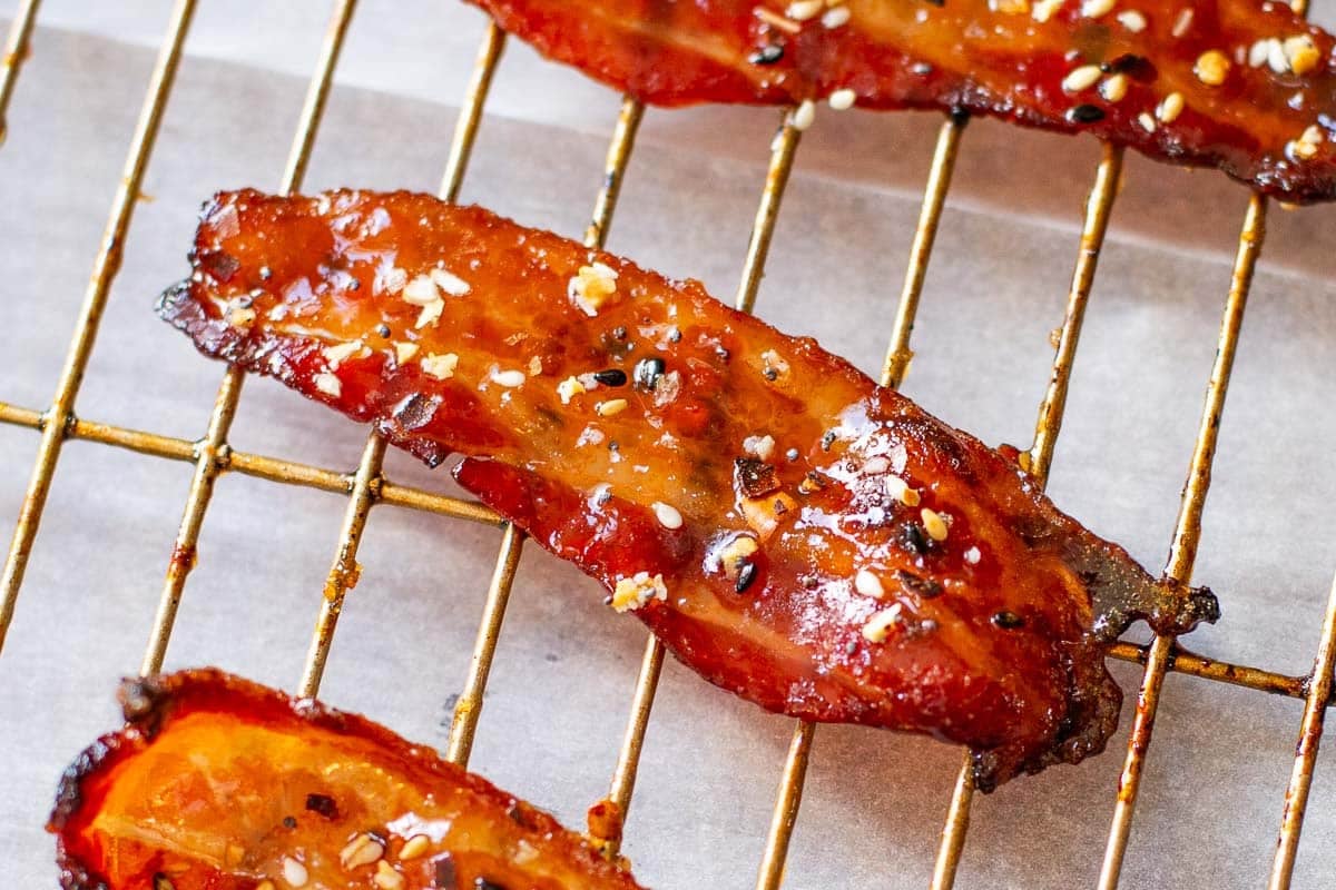 candied bacon topped with everything but the bagel seasoning.