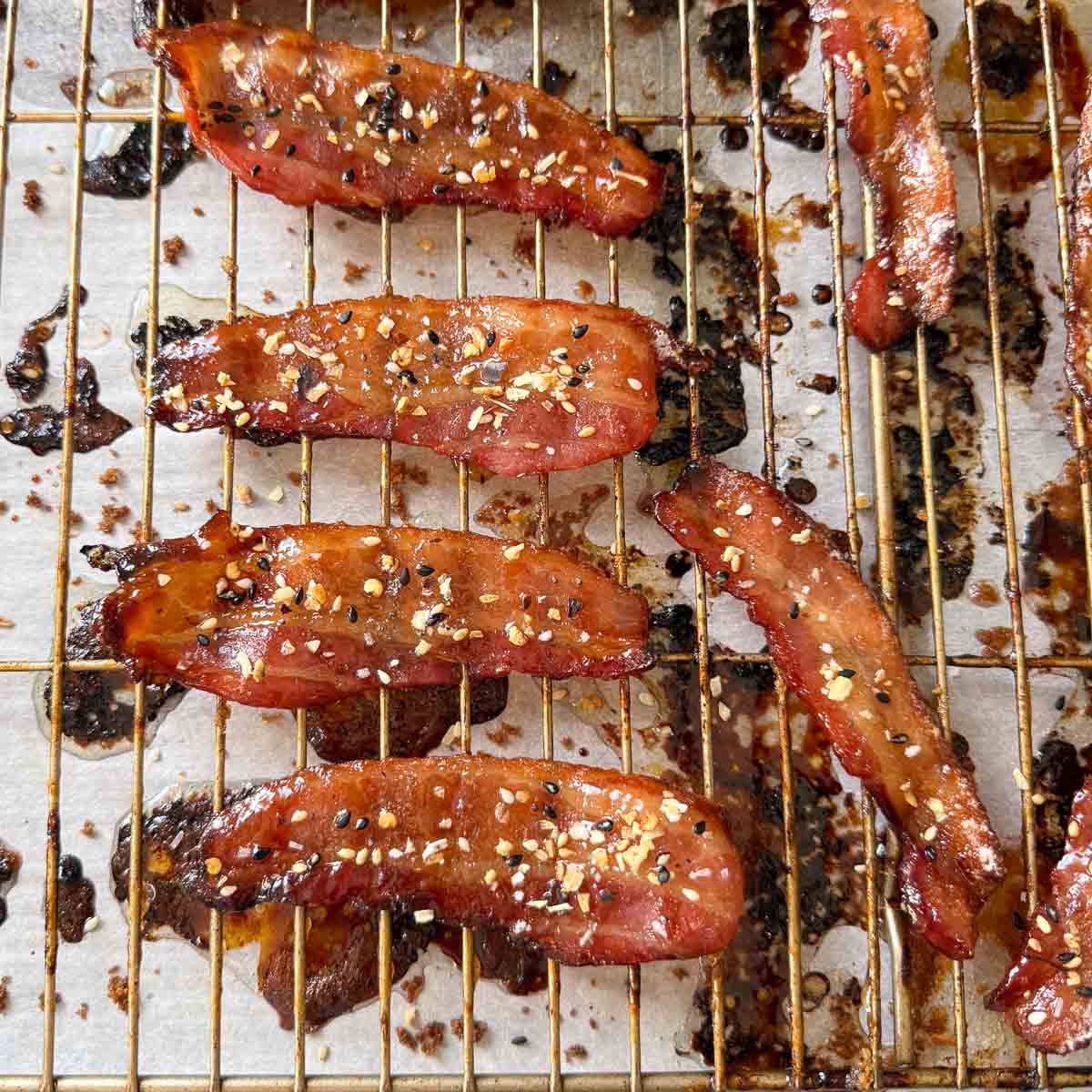 candied bacon on rack after seasoning.
