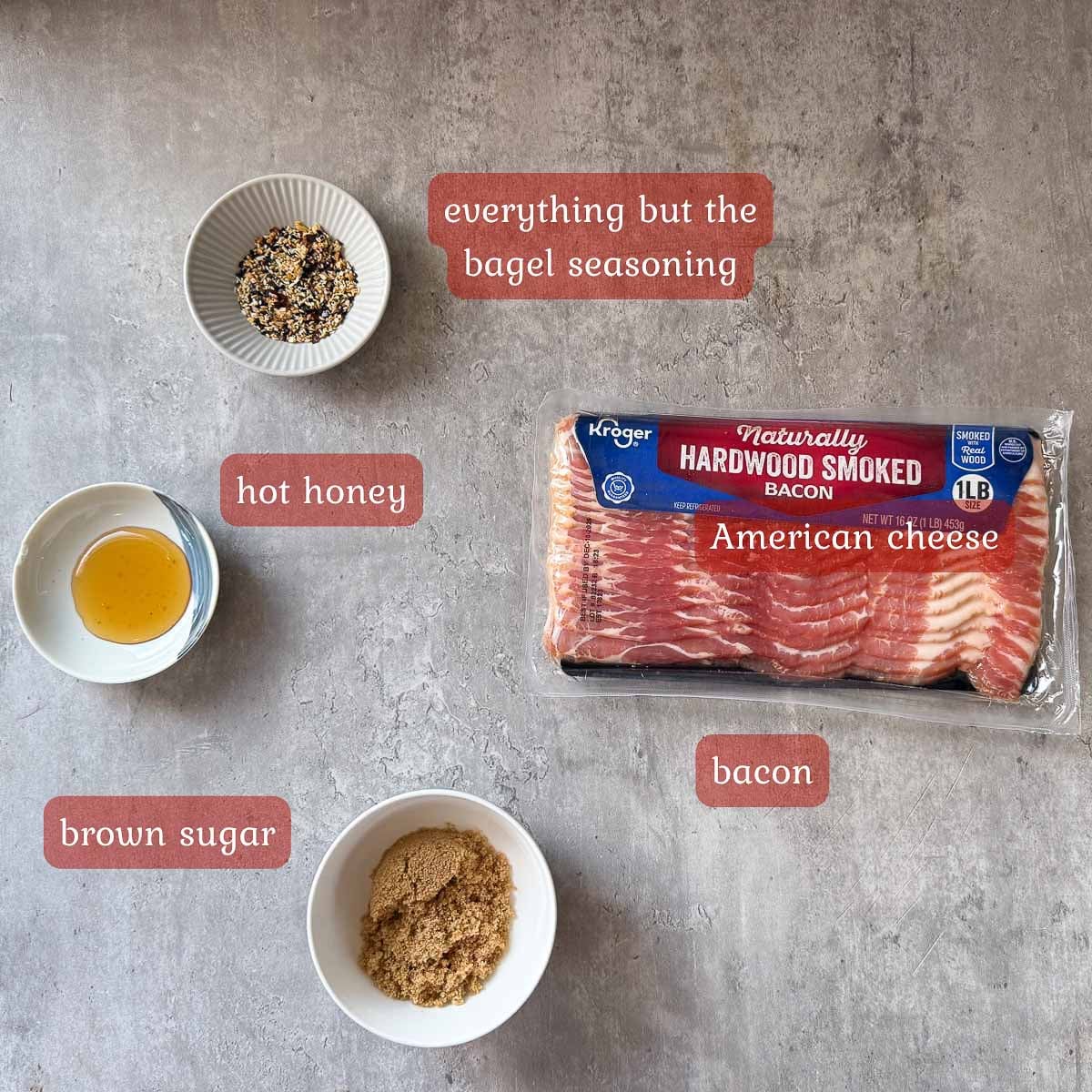 candied bacon ingredients (bacon, sugar, honey, seasoning).