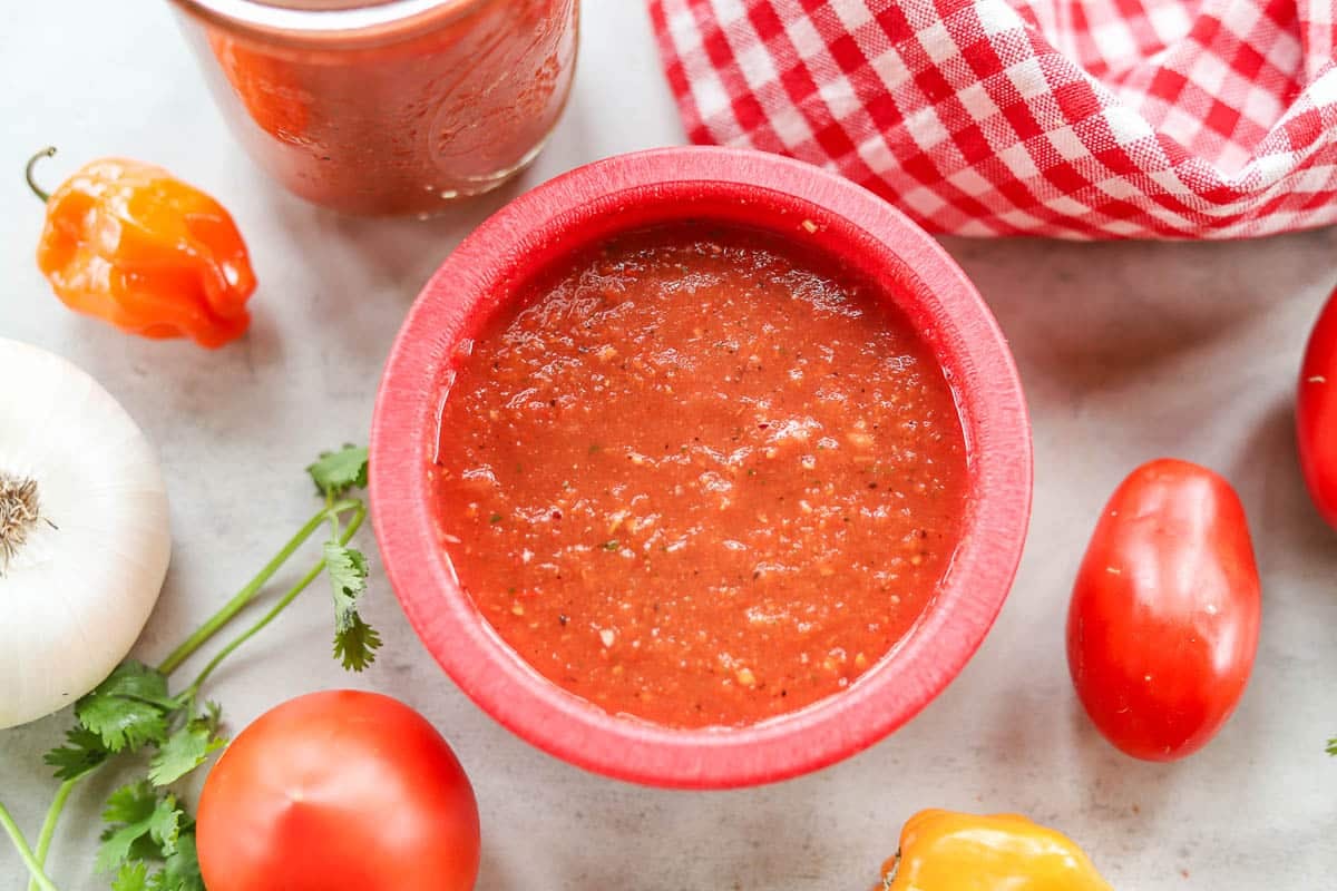 habanero pepper salsa in a red bowl with veggies around it