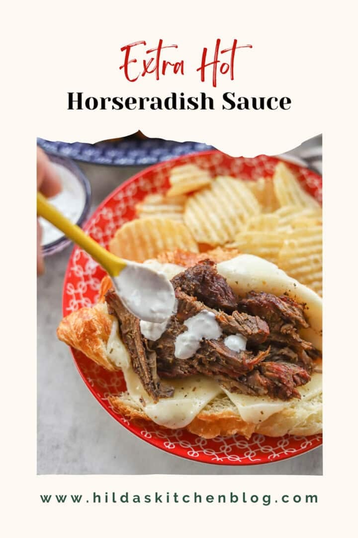 horseradish sauce being drizzled on a sandwich