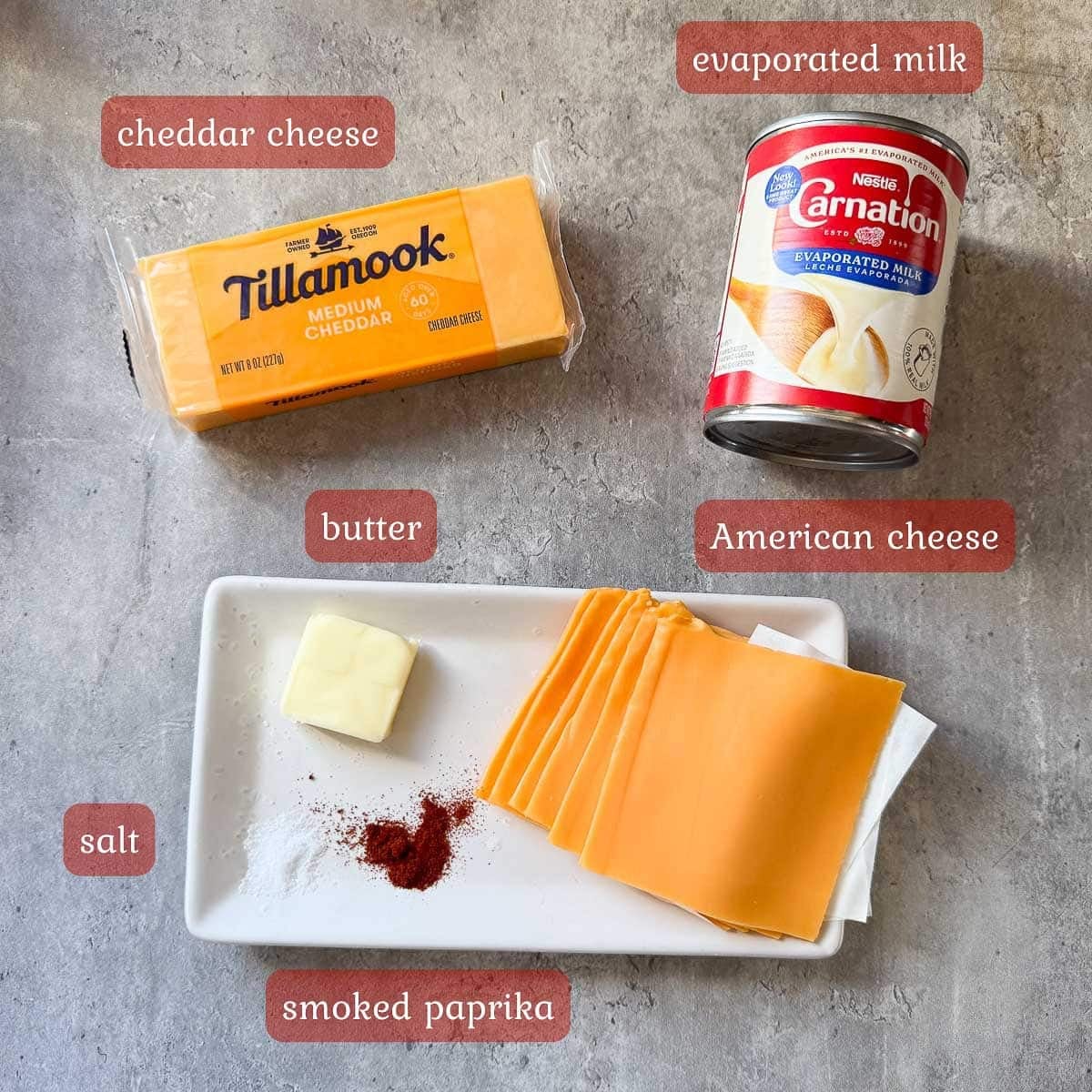simple cheese sauce ingredients (cheese, evaporated milk, seasonings).