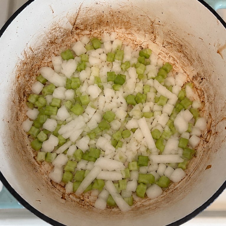 raw celery and onion before sauteeing.