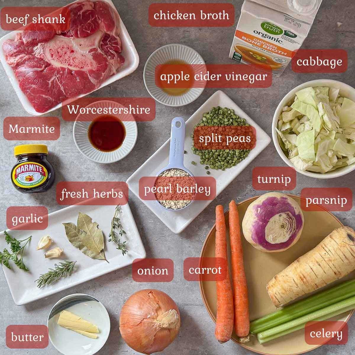 scotch broth recipe ingredients (beef, root vegetables, herbs, etc.)