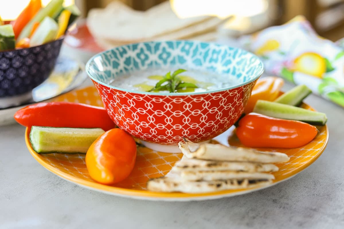 tzatziki sauce in a bowl with veggies and pita bread
