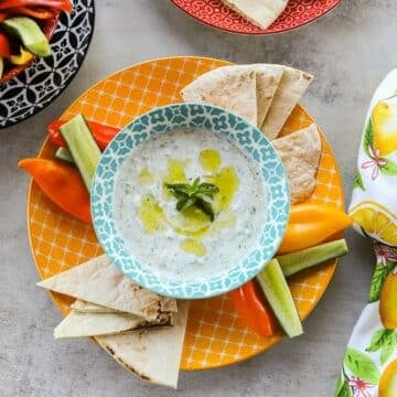 tzatziki sauce with veggies and pita wedges served on colorful plates