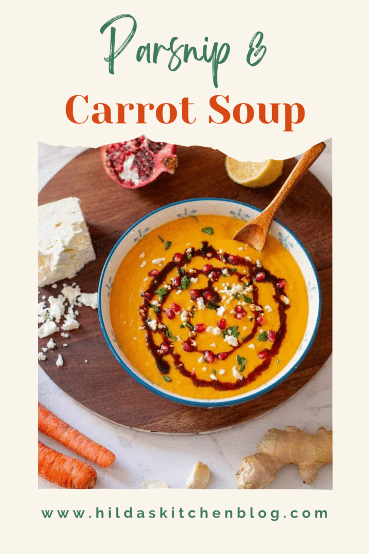 parsnip and carrot soup drizzled with pomegranate sauce, feta, and seeds.