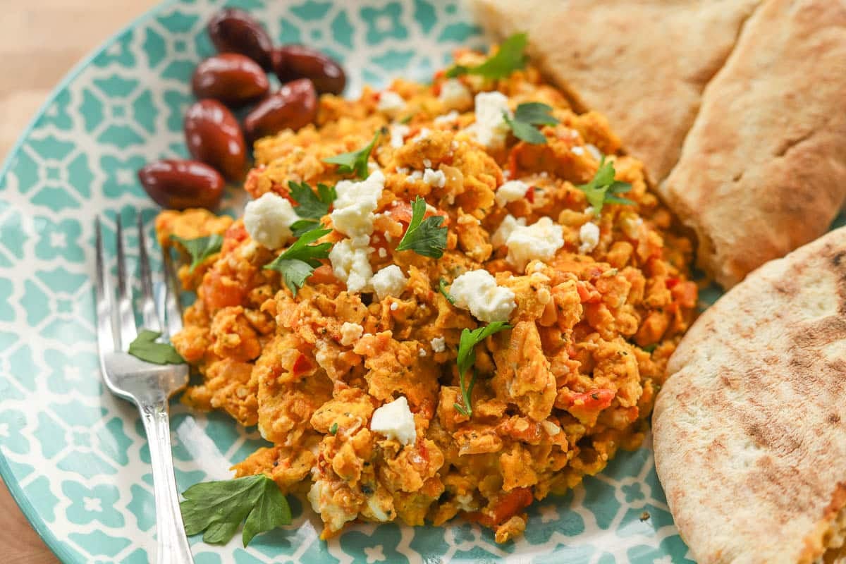 strapatsada (Greek scrambled eggs) with pita bread